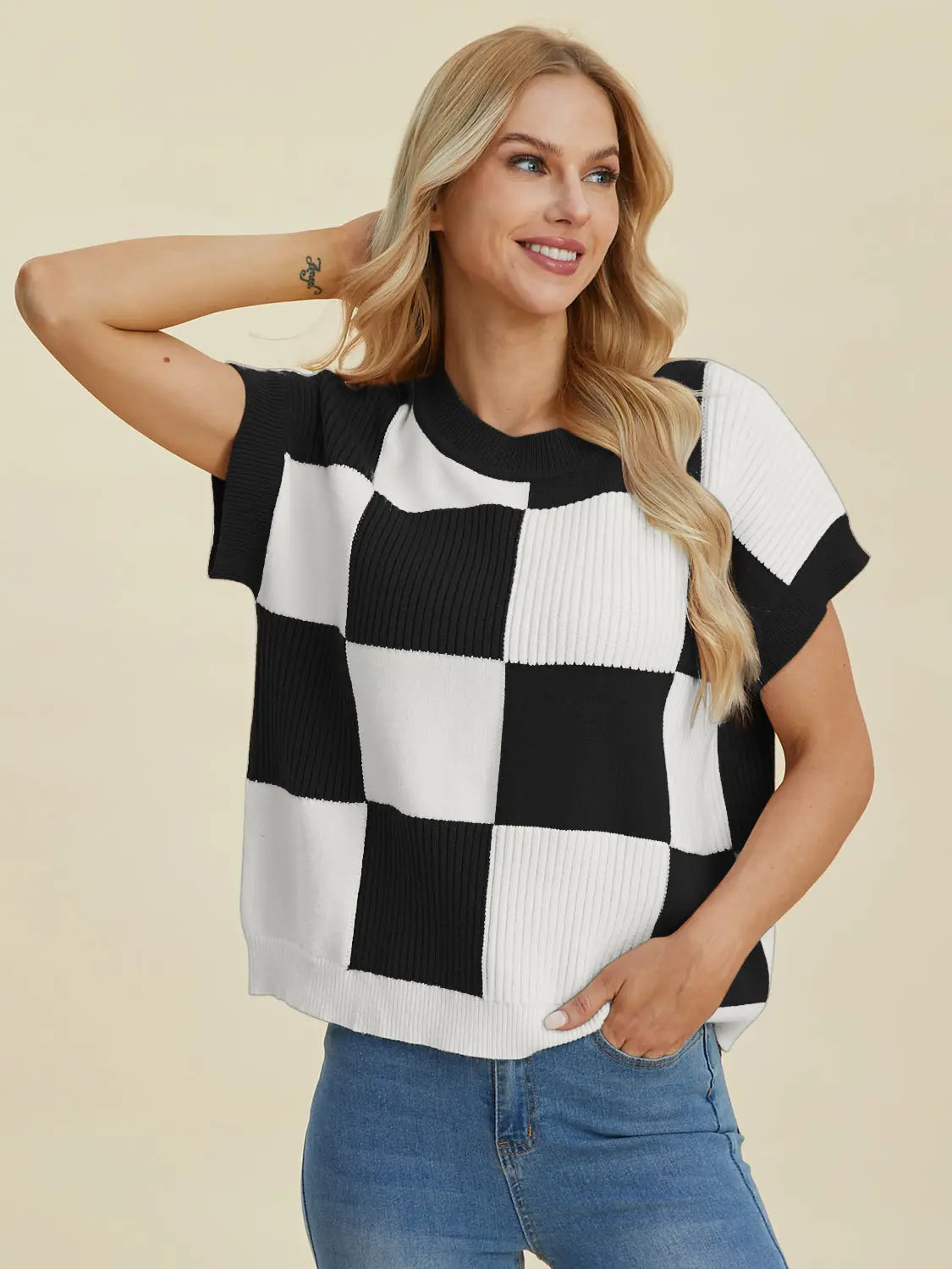Double Take Checkered Round-Neck Short-Sleeve Sweater - Whispering Desires Shoppe