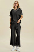 Double Take Full Size Pearl Detail Round Neck Top and Pants Set - Whispering Desires Shoppe