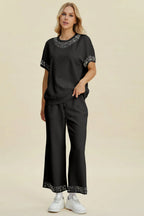 Double Take Full Size Pearl Detail Round Neck Top and Pants Set - Whispering Desires Shoppe