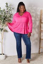 Double Take Ruffle-Hem Button Blouse - Whispering Desires Shoppe