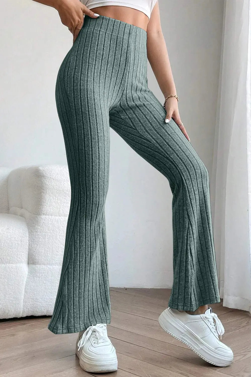 Basic Bae Ribbed High-Waist Flare Pants - Whispering Desires Shoppe