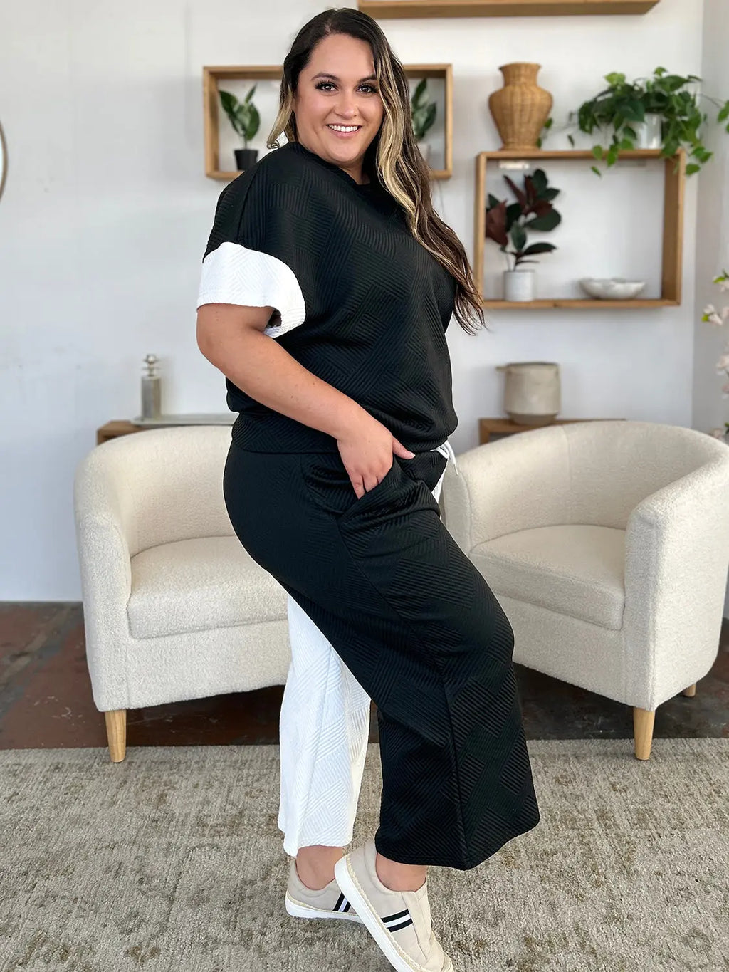 Double Take Texture Contrast Two-Piece Set — Wide Leg - Whispering Desires Shoppe