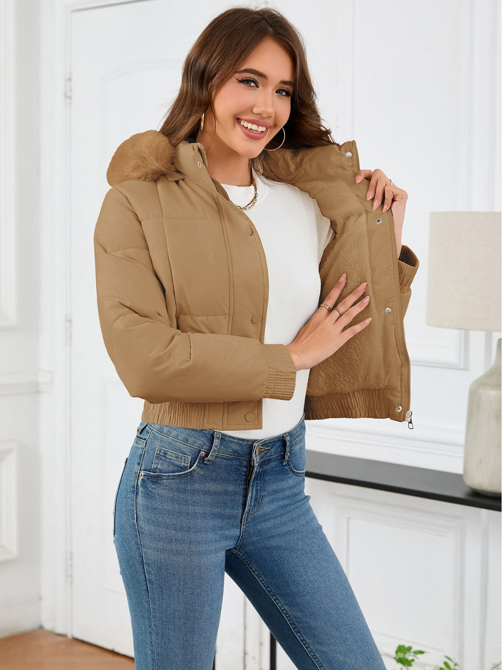 Pocketed Long Sleeve Cropped Hooded Winter Coat - Whispering Desires Shoppe