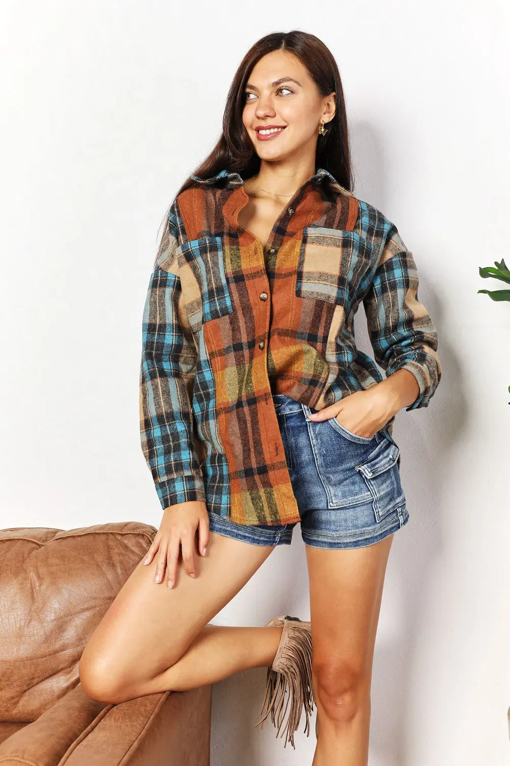 Double Take Plaid Curved-Hem Shirt Jacket - Whispering Desires Shoppe