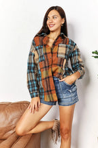 Double Take Plaid Curved-Hem Shirt Jacket - Whispering Desires Shoppe