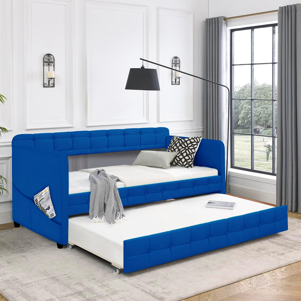 Blue padded twin beds with wheels, velvet fabric, no need for springs eprolo