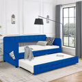 Blue padded twin beds with wheels, velvet fabric, no need for springs eprolo