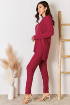 Trendsi Basic Bae Ribbed High-Low Top and Pants 2-Piece Loungewear Set - Whispering Desires Shoppe
