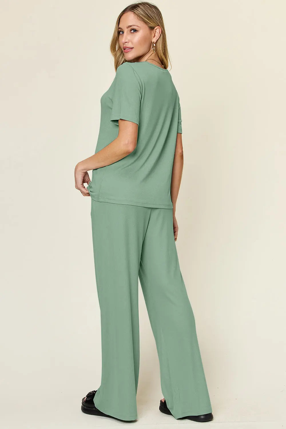 Double Take Short-Sleeve & Wide-Leg Two-Piece Set - Whispering Desires Shoppe