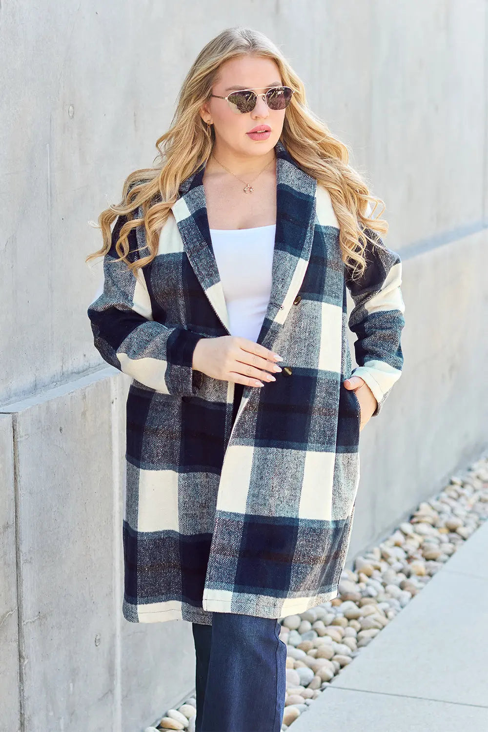 Double Take Full-Size Plaid Lapel Coat - Whispering Desires Shoppe