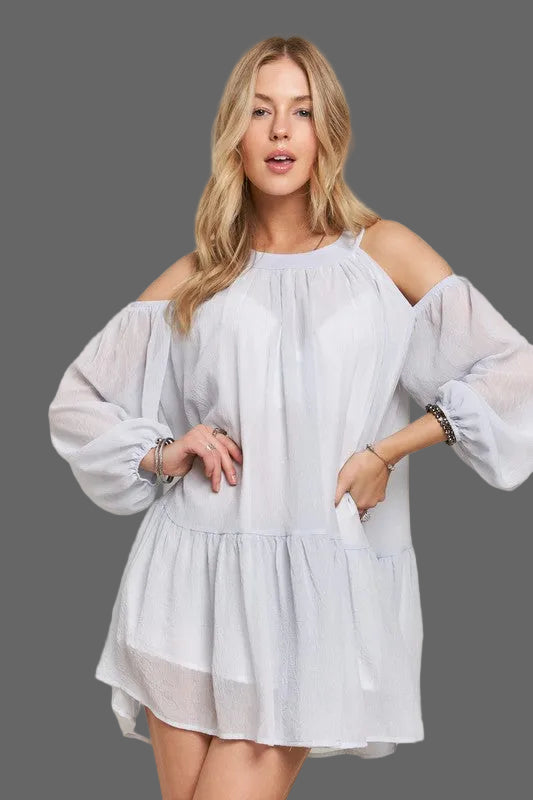 ADORA Cold Shoulder Balloon Sleeve Mini Dress - Whispering Desires Shoppe
