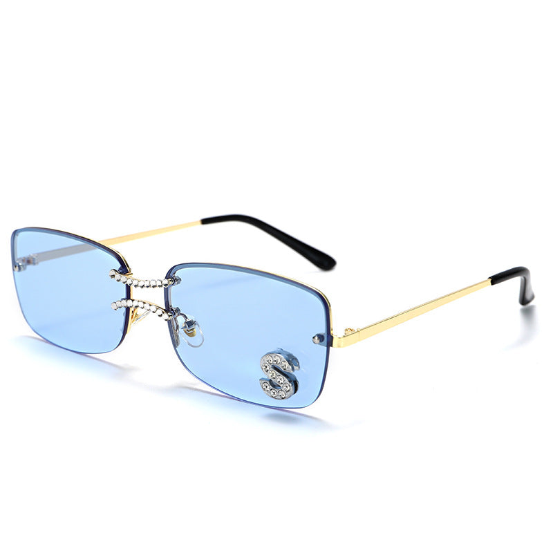 New Hong Kong Style Square Fashion Double Nose Bridge Frameless Metal Sunglasses Hip-Hop Style Ocean Piece Letter S Diamond Sunglasses eprolo