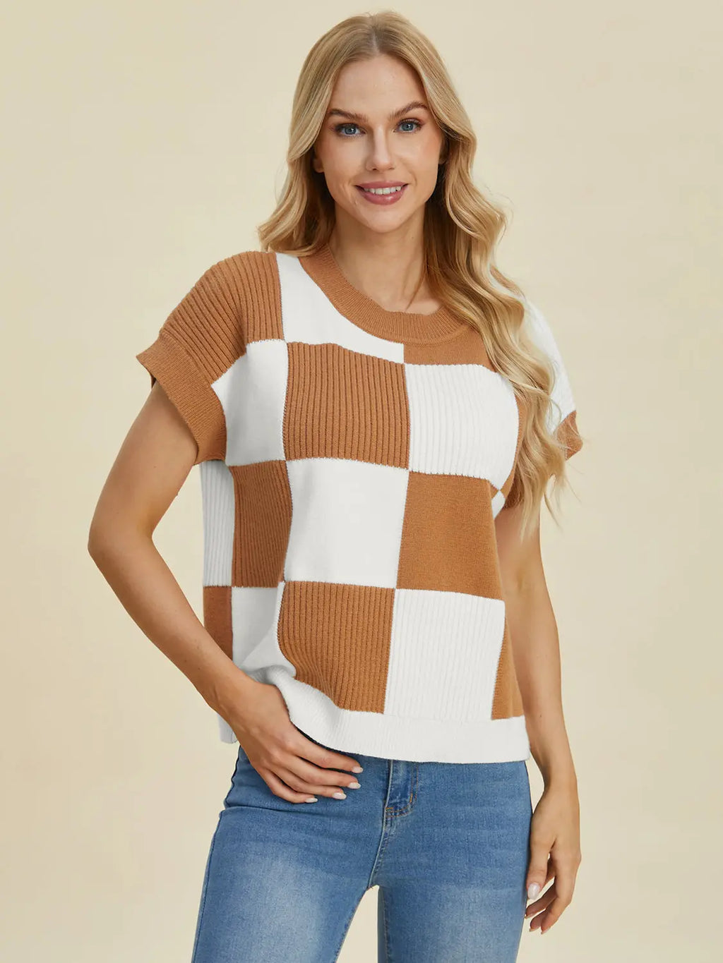 Double Take Checkered Round-Neck Short-Sleeve Sweater - Whispering Desires Shoppe