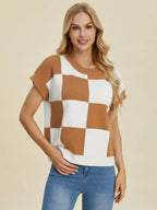 Double Take Checkered Round-Neck Short-Sleeve Sweater - Whispering Desires Shoppe
