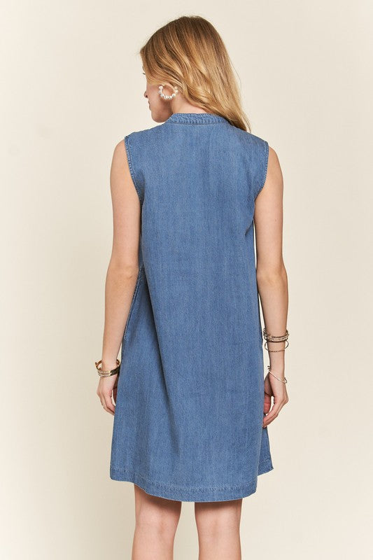 ADORA Notched Sleeveless Denim Dress with Pockets - Whispering Desires Shoppe