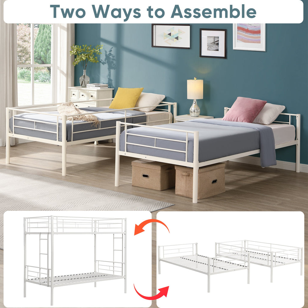 Twin metal bunk beds, metal structure bed frame with safety guardrails and 2 ladders, convertible bunk beds, white eprolo