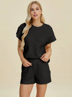Double Take Textured T-Shirt & Drawstring Shorts Set - Whispering Desires Shoppe