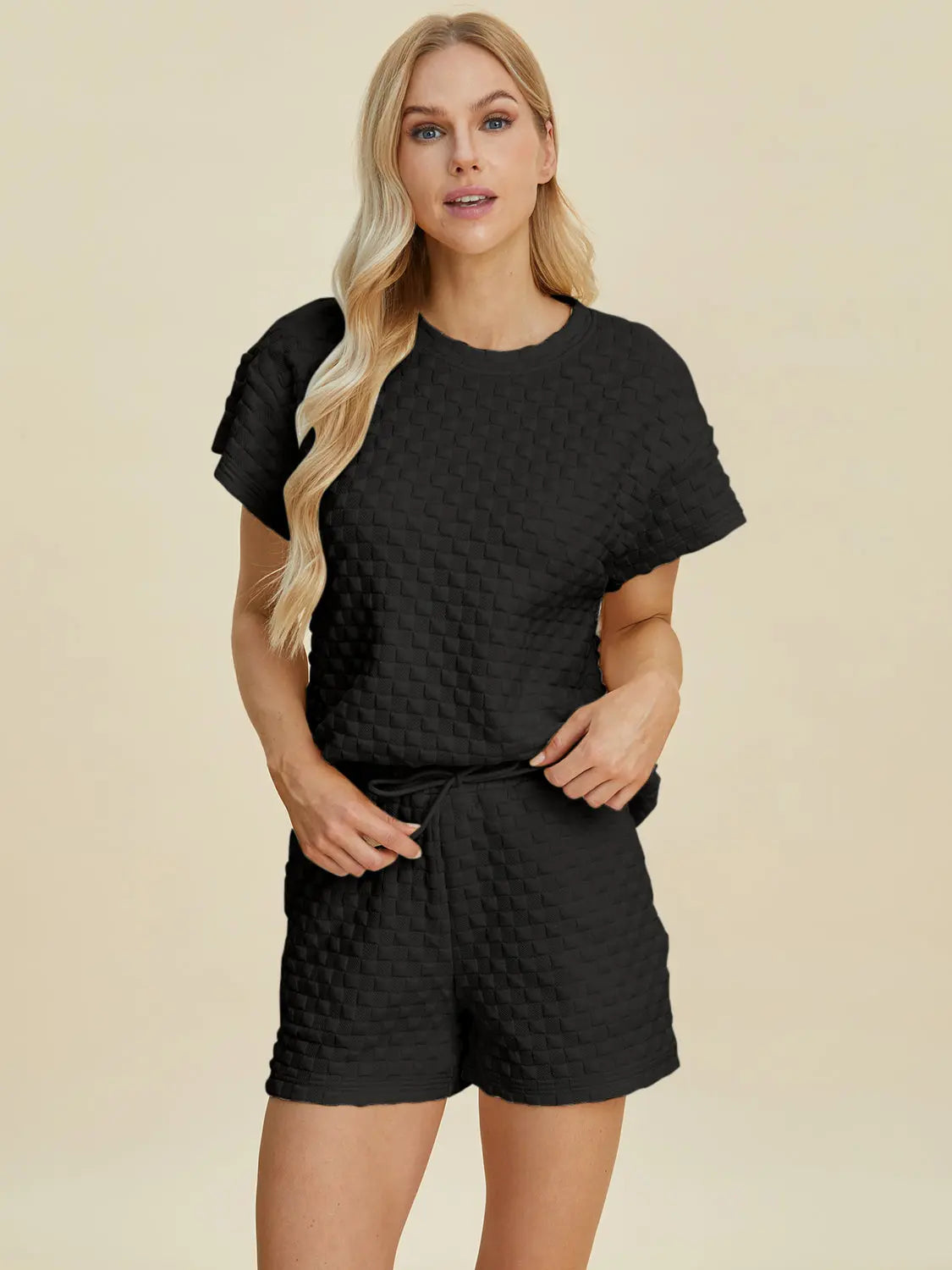 Double Take Textured T-Shirt & Drawstring Shorts Set - Whispering Desires Shoppe