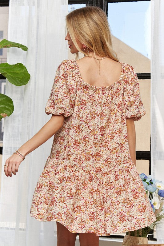 ADORA Floral Square Neck Puff Sleeve Dress - Whispering Desires Shoppe