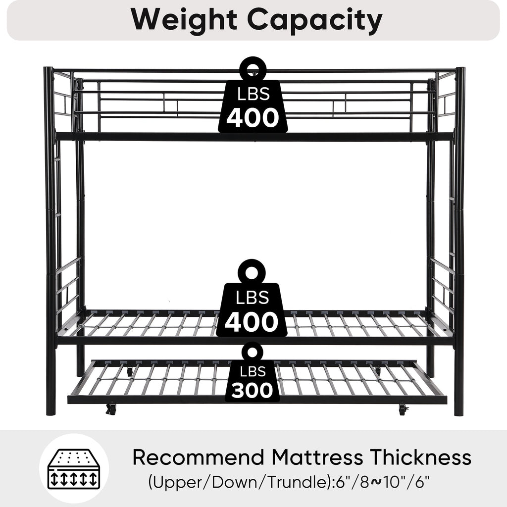 Twin bunk bed frame with trailer, metal bunk bed with sturdy guardrail and side ladder, can be divided into two beds, black eprolo