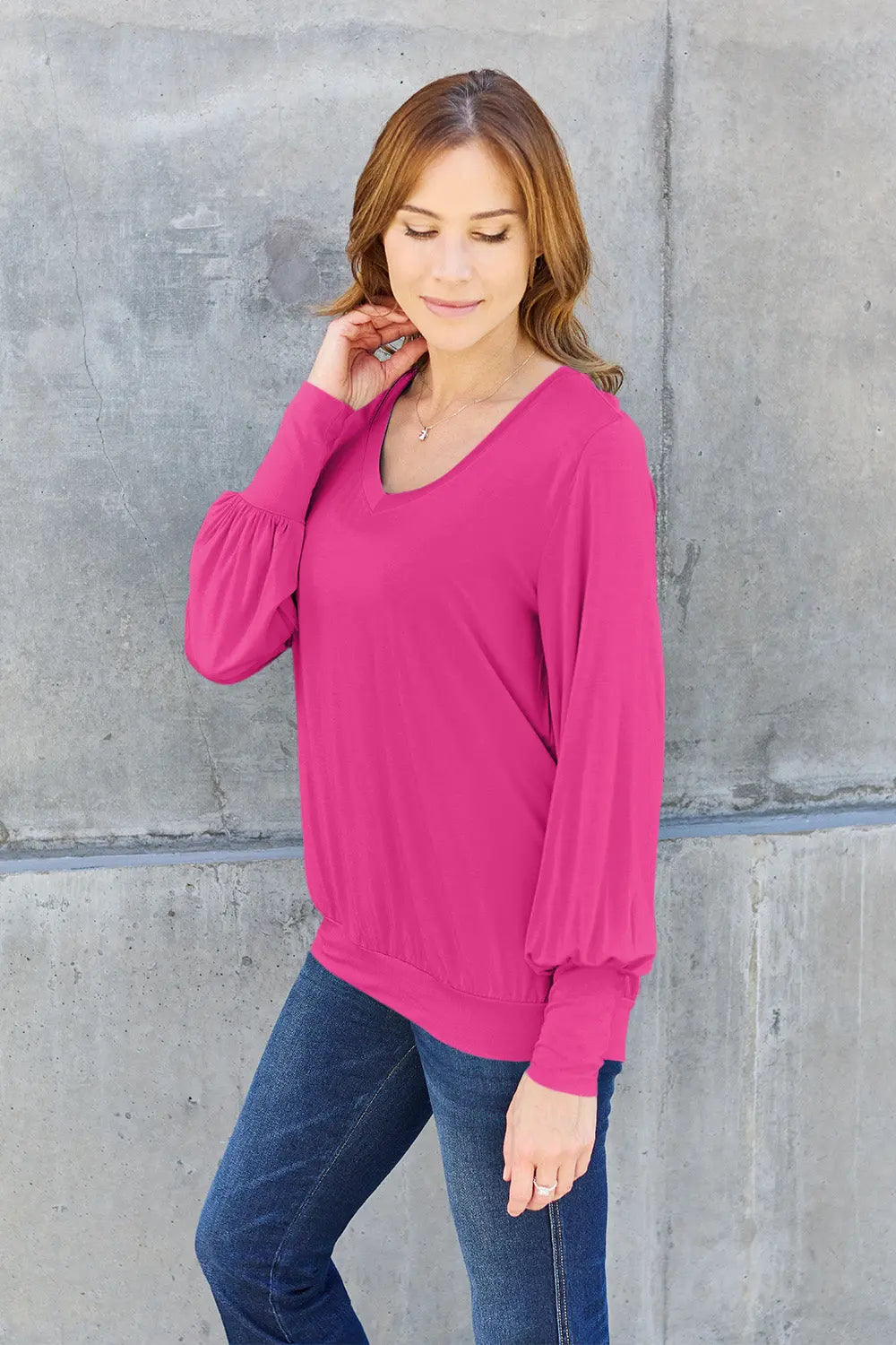 Basic Bae V-Neck Lantern Sleeve Top — Full Sizes - Whispering Desires Shoppe
