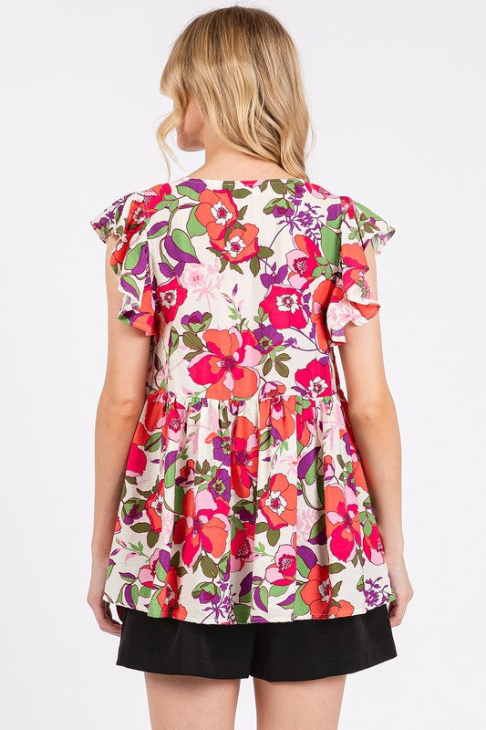 Mittoshop Floral V-Neck Ruffled Cap Sleeve Blouse - Whispering Desires Shoppe