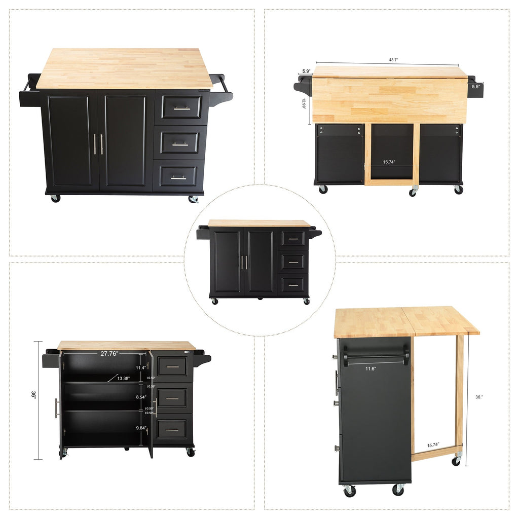 Kitchen Island & Kitchen Cart Mobile Kitehcn Island with Extensible Rubber Wood Table Top eprolo