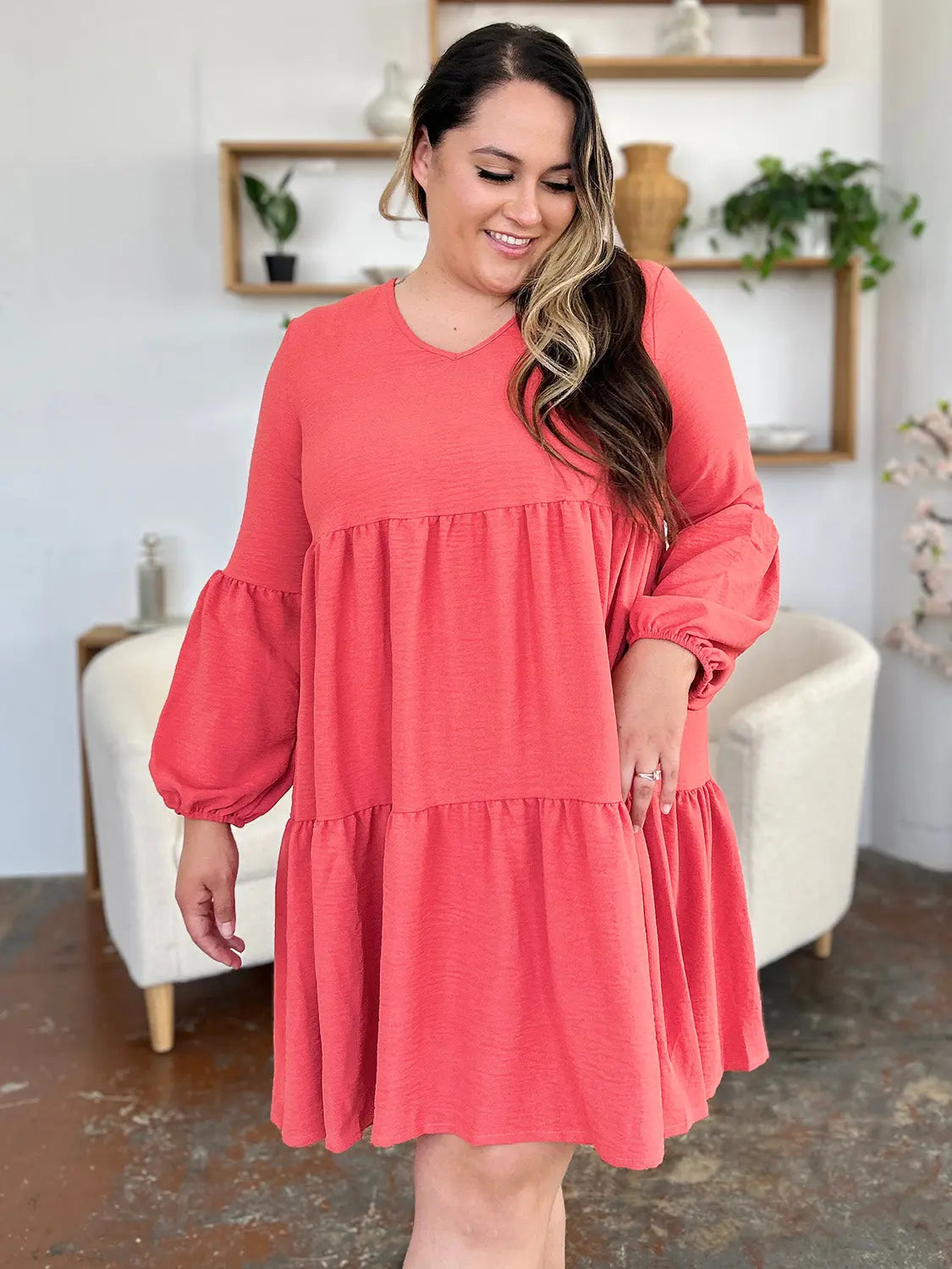 Double Take V-Neck Balloon Sleeve Tiered Dress w/ Pockets - Whispering Desires Shoppe