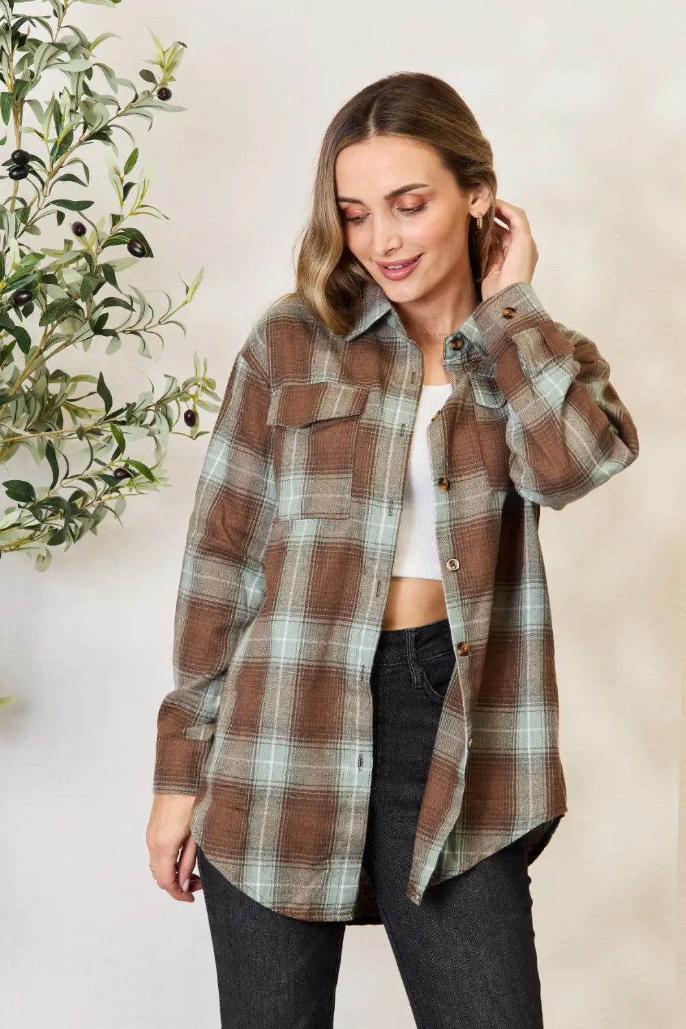Mandy Plaid Dropped-Shoulder Shirt — Relaxed Layering Top - Whispering Desires Shoppe