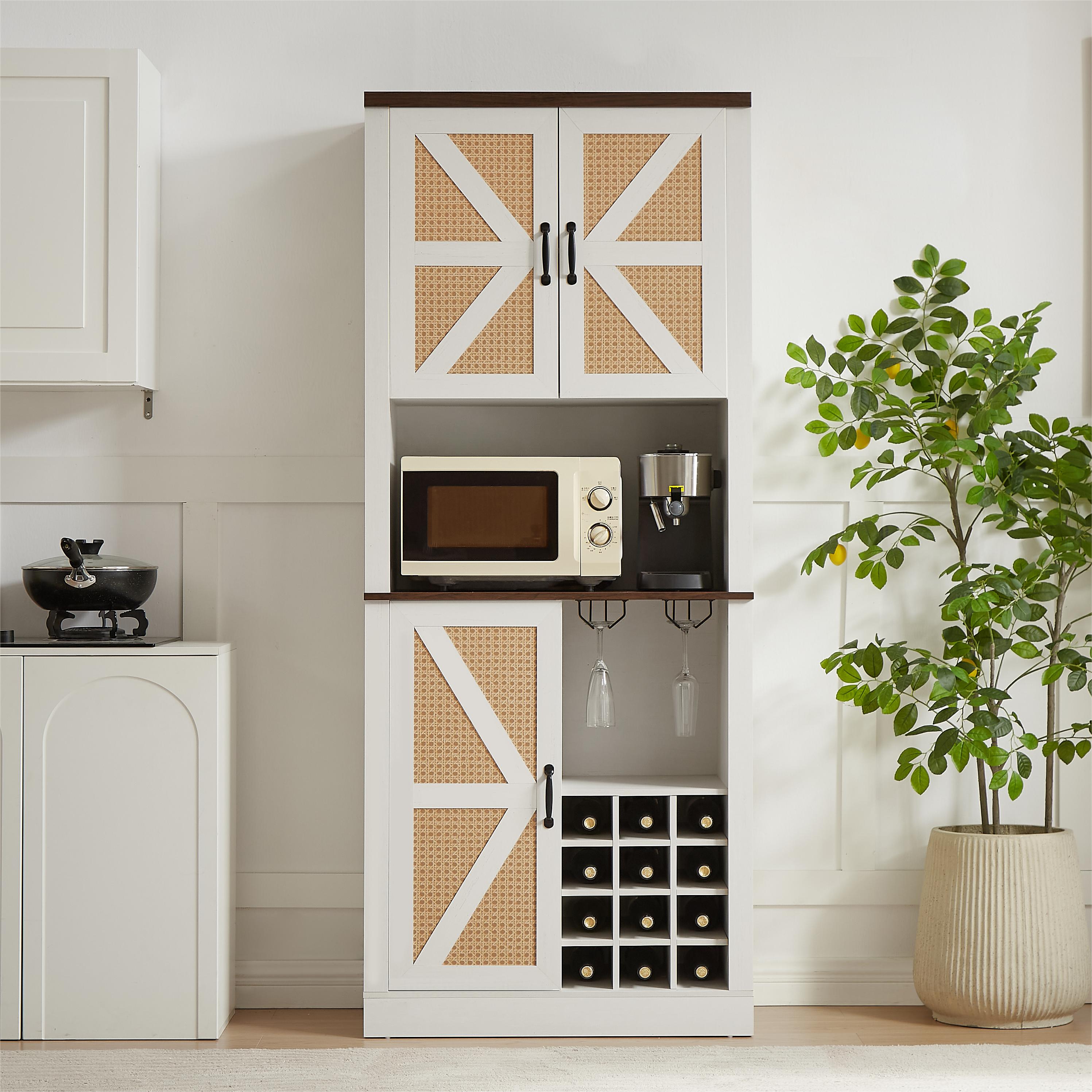 76 Inch Tall Farmhouse Kitchen Faux Rattan Wine Cabinet, Kitchen Bar Cabinet with Square Compartments and Shelves eprolo
