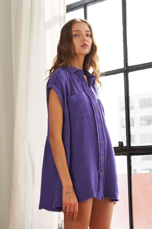 ADORA Raw Hem Collared Neck Button Down Shirt - Whispering Desires Shoppe