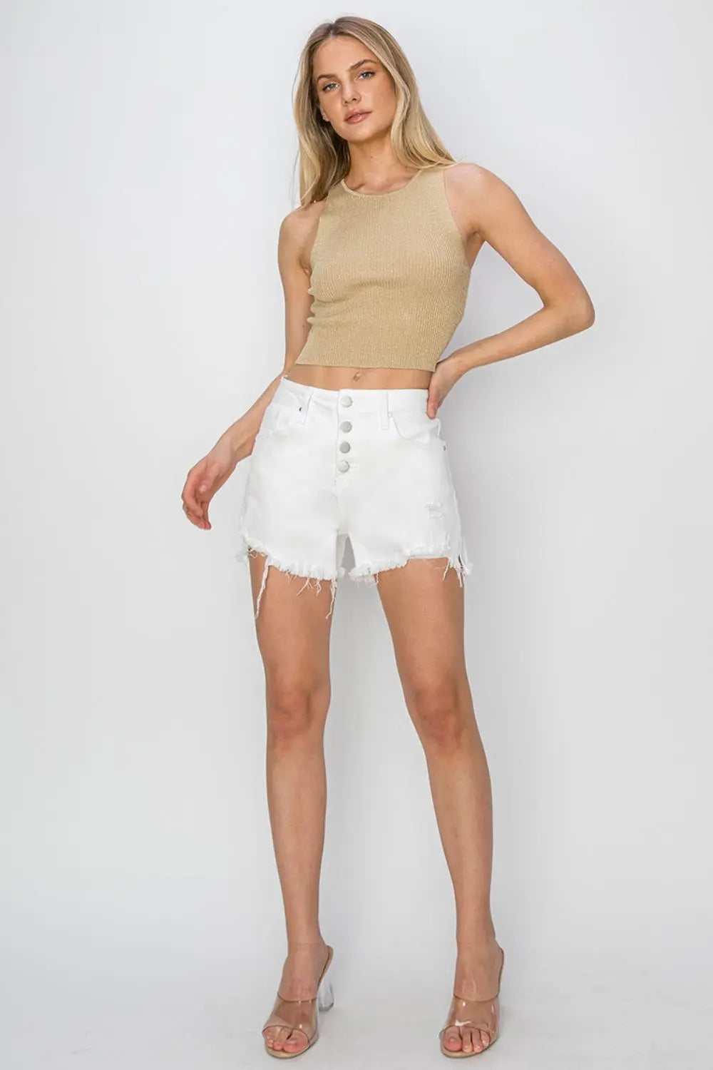 RISEN Button-Fly Frayed Hem Denim Shorts - Whispering Desires Shoppe