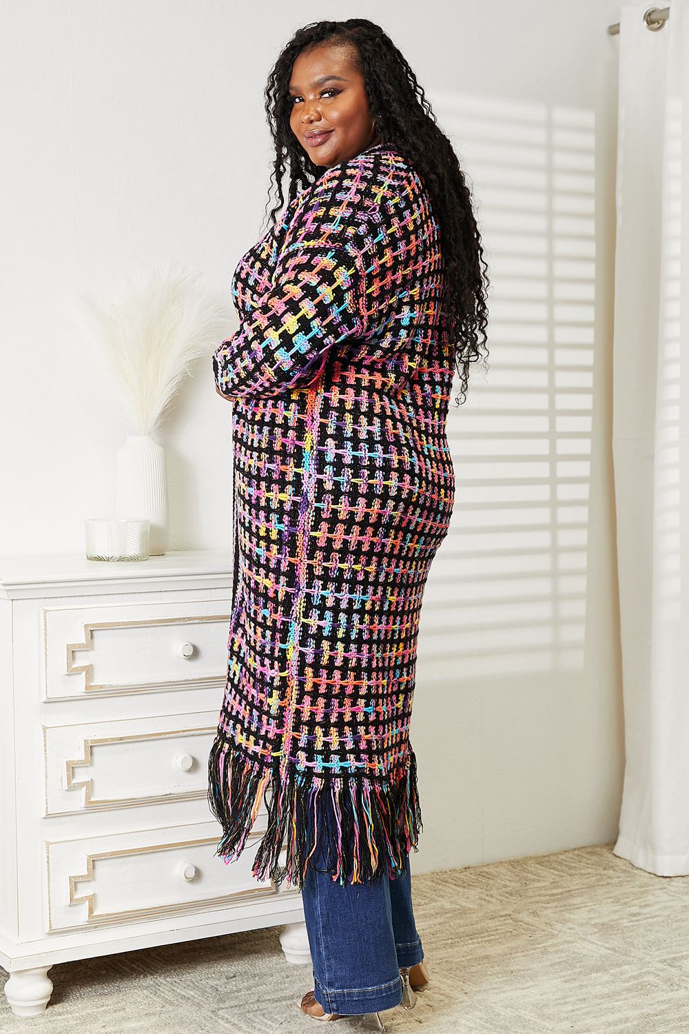 Angel Wings Full Size Multicolored Open Front Fringe Hem Cardigan - Whispering Desires Shoppe