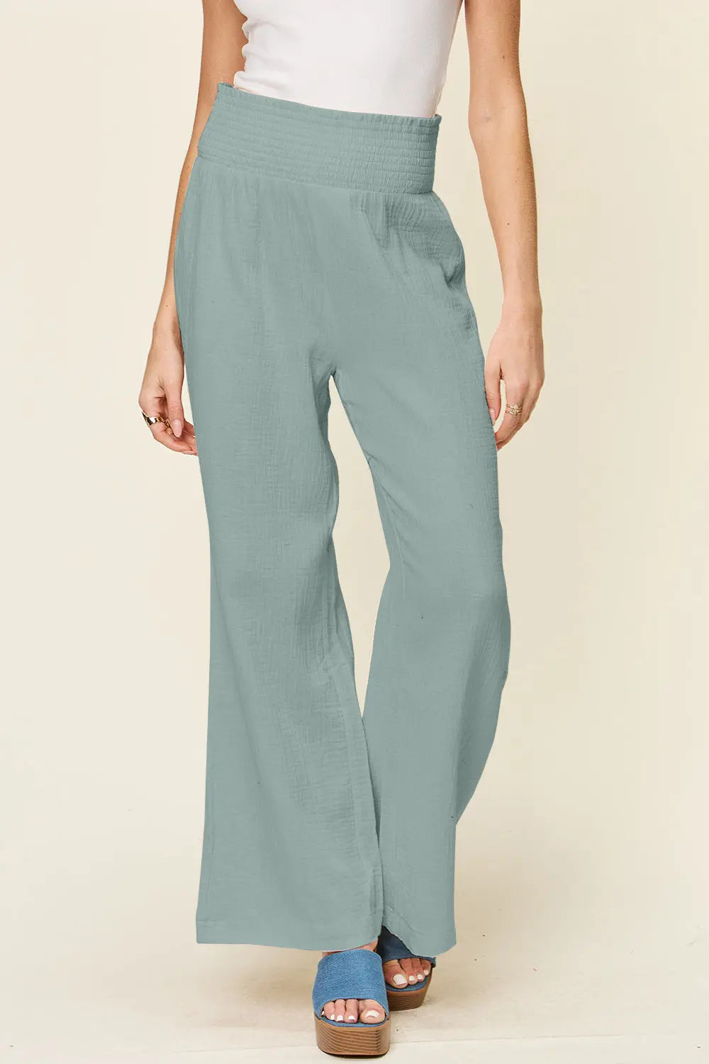 Double Take Smocked-Waist Wide-Leg Cotton Pants - Whispering Desires Shoppe