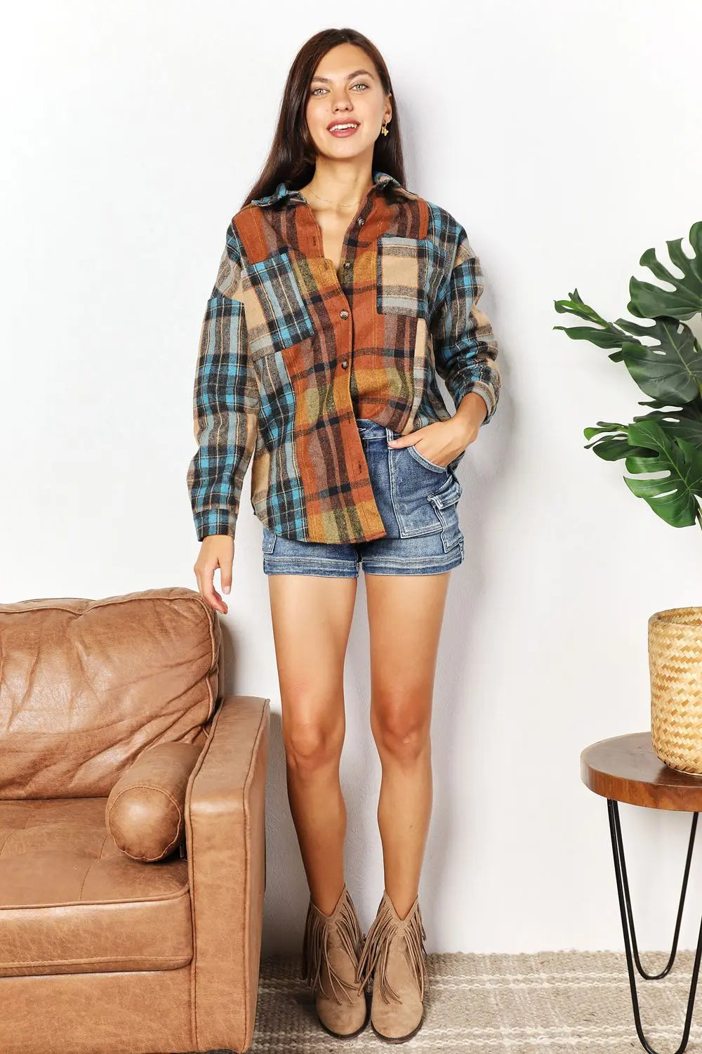 Double Take Plaid Curved-Hem Shirt Jacket - Whispering Desires Shoppe