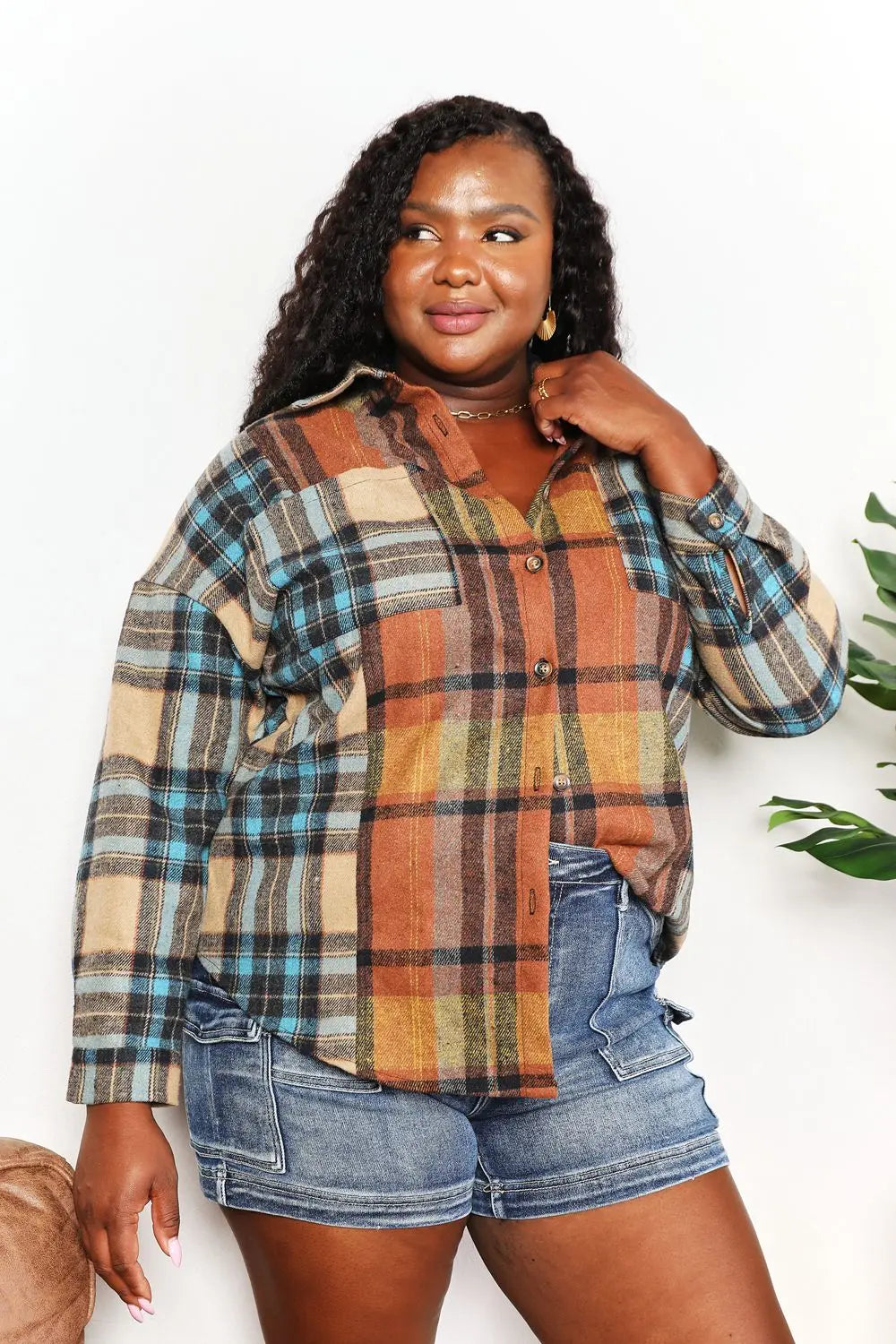 Double Take Plaid Curved-Hem Shirt Jacket - Whispering Desires Shoppe