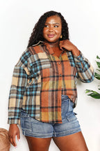 Double Take Plaid Curved-Hem Shirt Jacket - Whispering Desires Shoppe