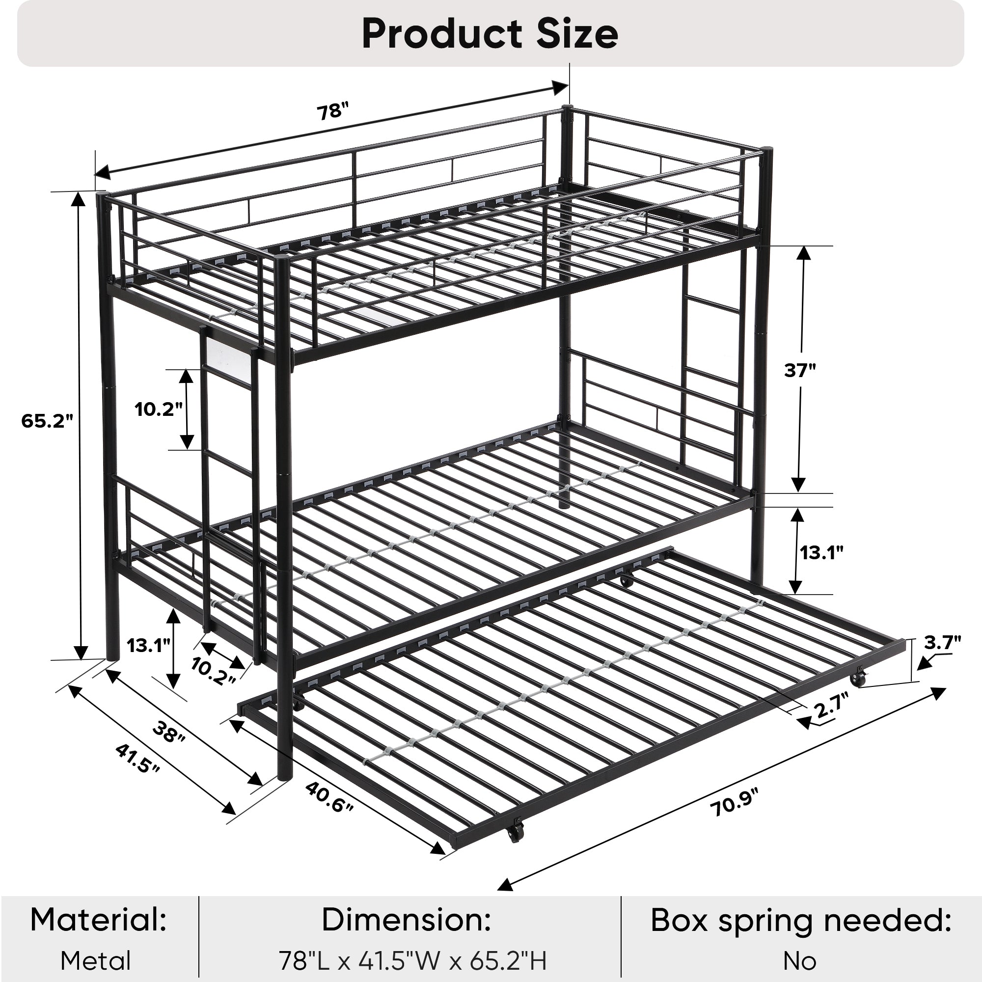 Twin bunk bed frame with trailer, metal bunk bed with sturdy guardrail and side ladder, can be divided into two beds, black eprolo