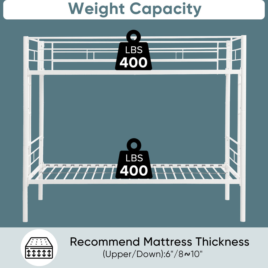 Twin metal bunk beds, metal structure bed frame with safety guardrails and 2 ladders, convertible bunk beds, white eprolo
