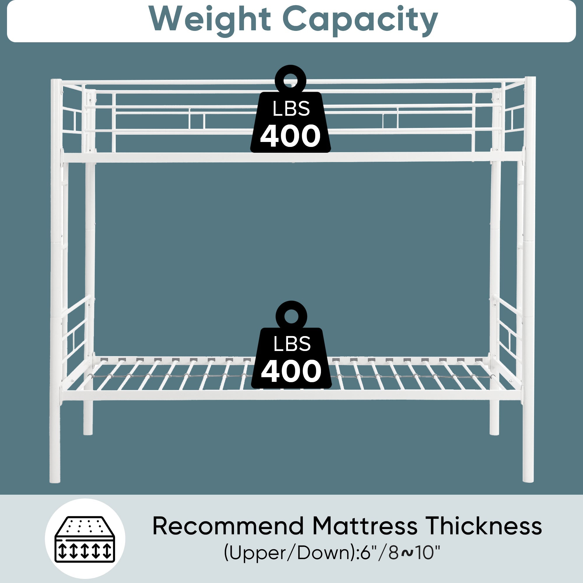 Twin metal bunk beds, metal structure bed frame with safety guardrails and 2 ladders, convertible bunk beds, white eprolo