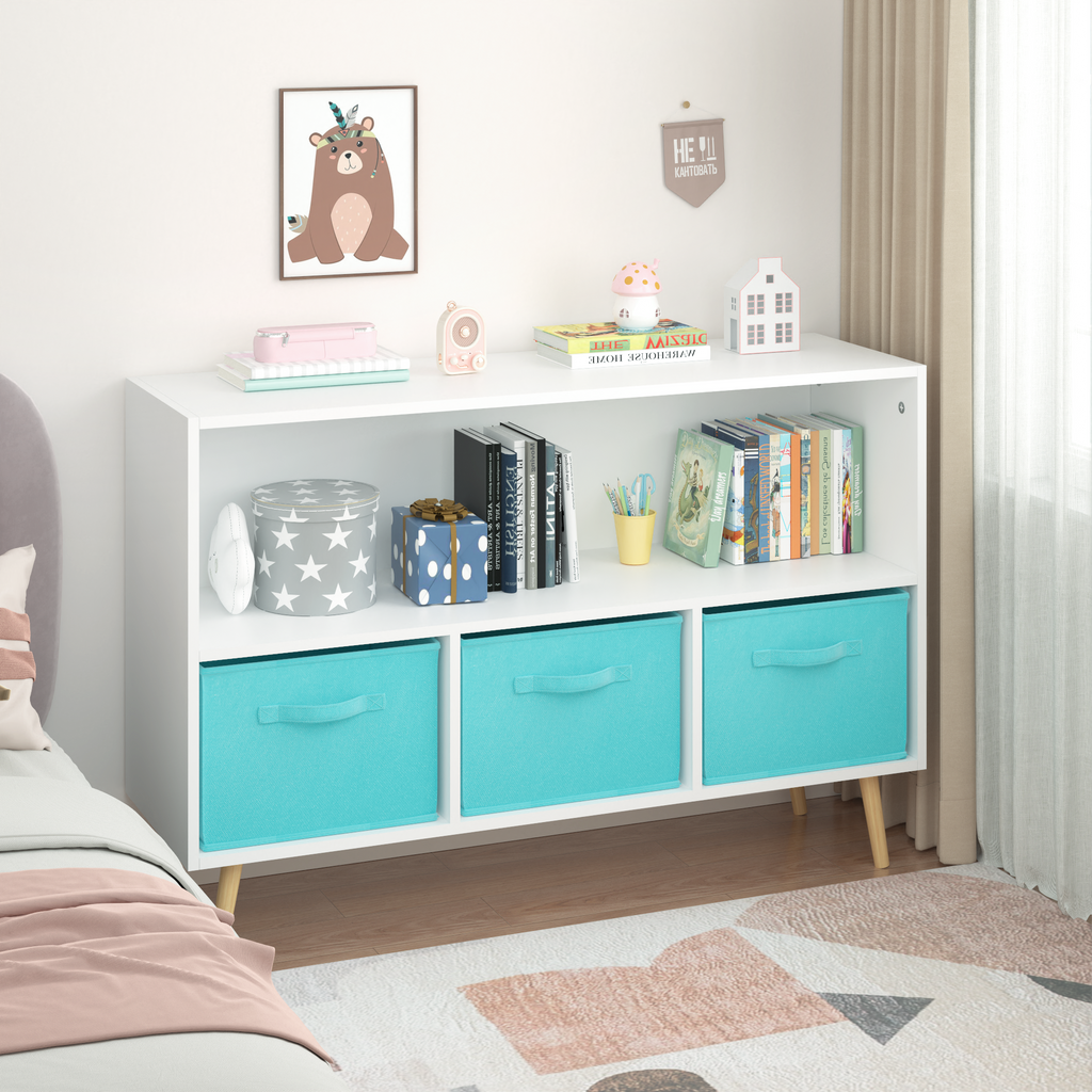 Kids bookcase with Collapsible Fabric Drawers Children's Book Display Toy Storage Cabinet Organizer White/Blue eprolo