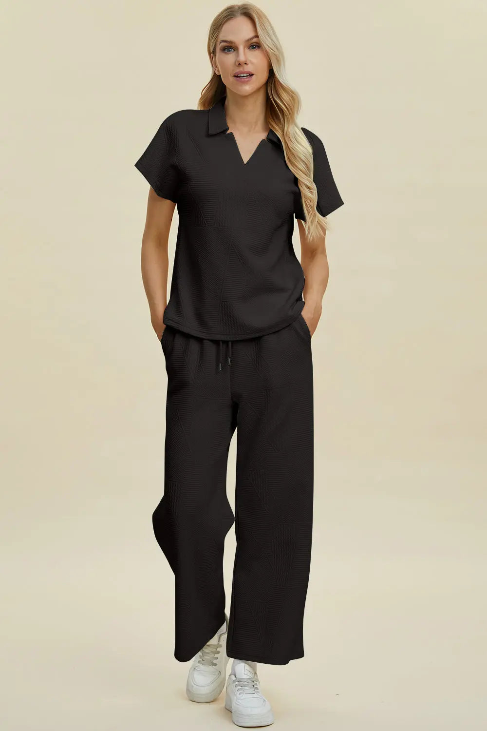 Double Take Collared Two-Piece Top & Wide-Leg Pants - Whispering Desires Shoppe