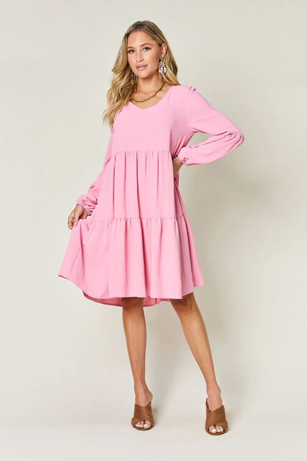 Double Take V-Neck Balloon Sleeve Tiered Dress w/ Pockets - Whispering Desires Shoppe
