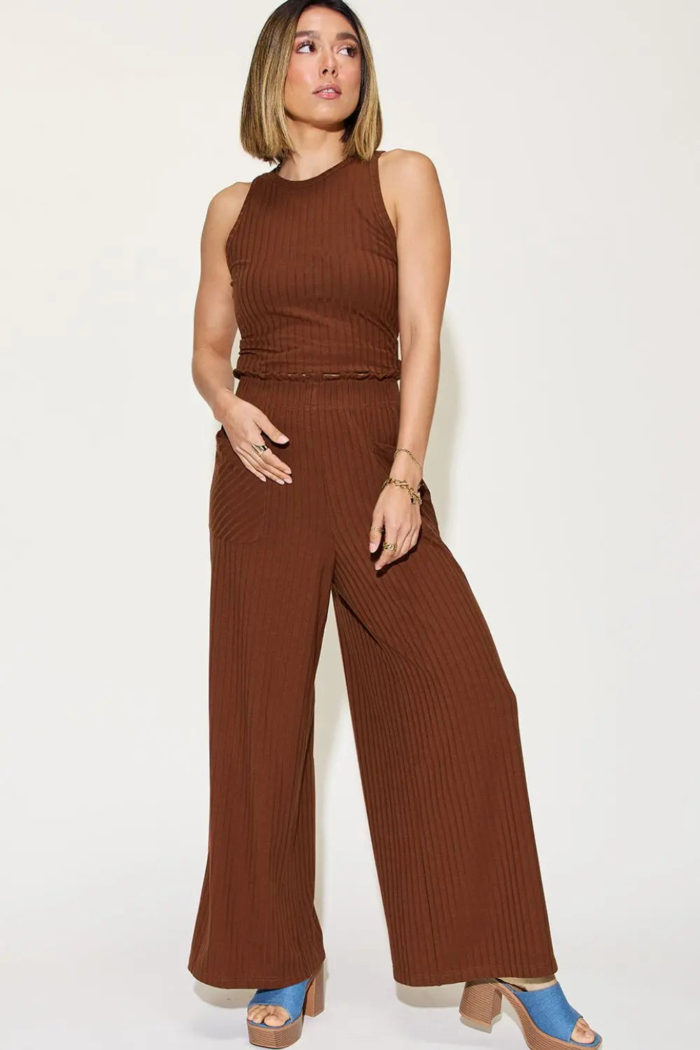 Ribbed Tank & Wide-Leg Pants Two-Piece Set - Whispering Desires Shoppe