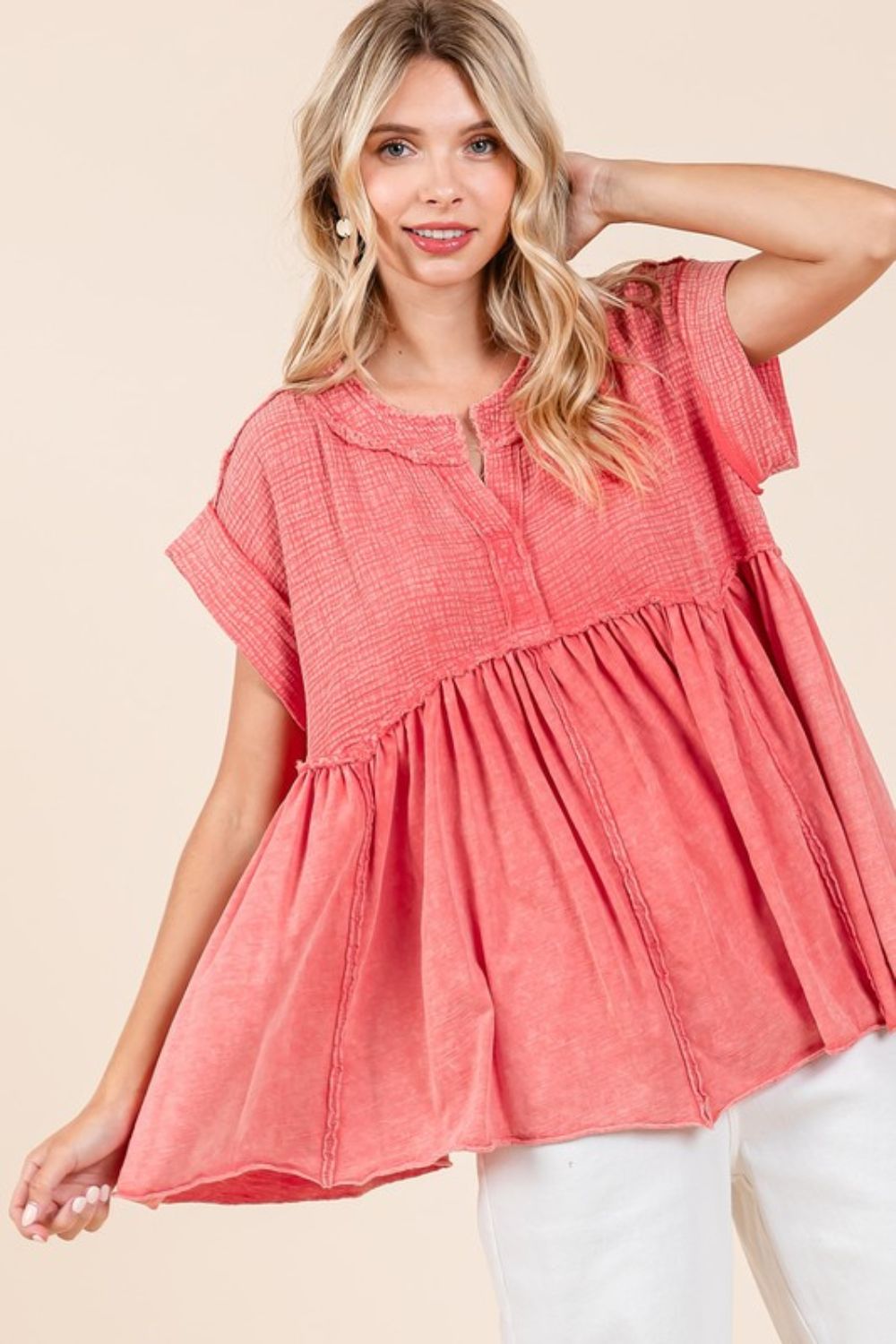 Mittoshop Mixed Media Mineral Wash Babydoll Short Sleeve Blouse - Whispering Desires Shoppe