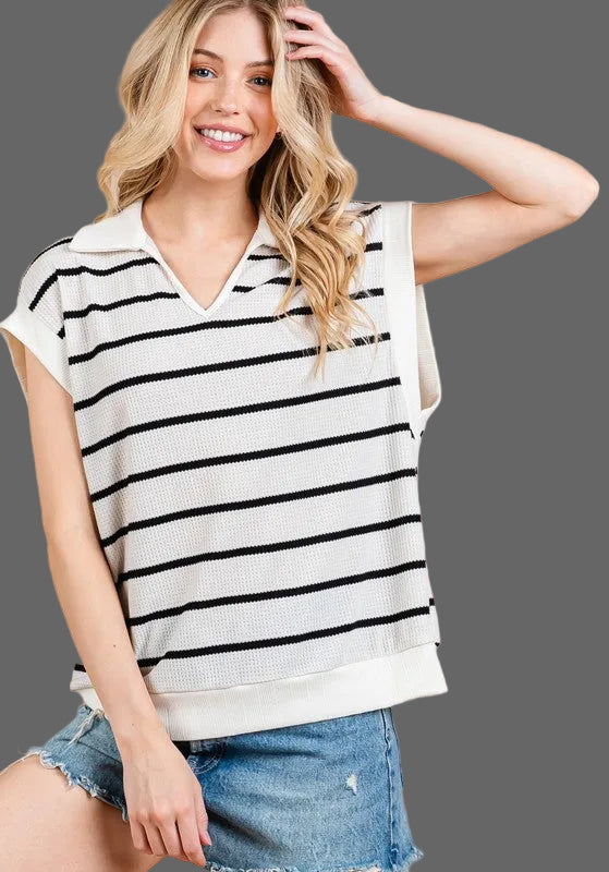 Ces Femme Collared Neck Contrast Striped Sweater Vest - Whispering Desires Shoppe