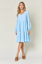 Double Take V-Neck Balloon Sleeve Tiered Dress w/ Pockets - Whispering Desires Shoppe
