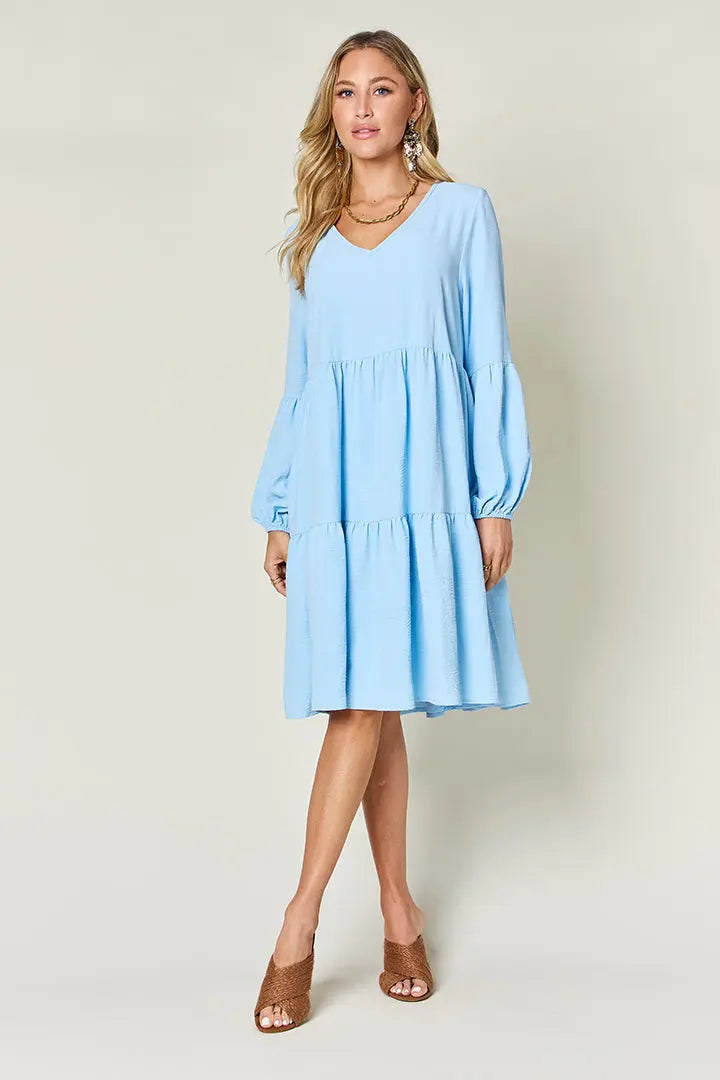 Double Take V-Neck Balloon Sleeve Tiered Dress w/ Pockets - Whispering Desires Shoppe