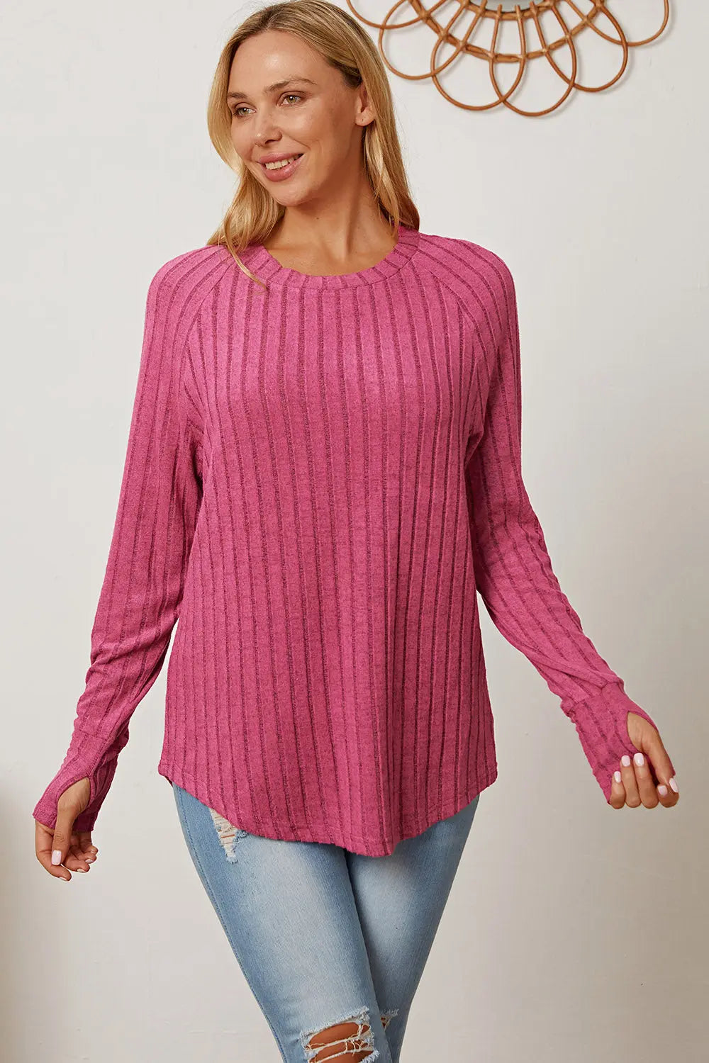 Basic Bae Ribbed Thumbhole Long-Sleeve Tee - Whispering Desires Shoppe