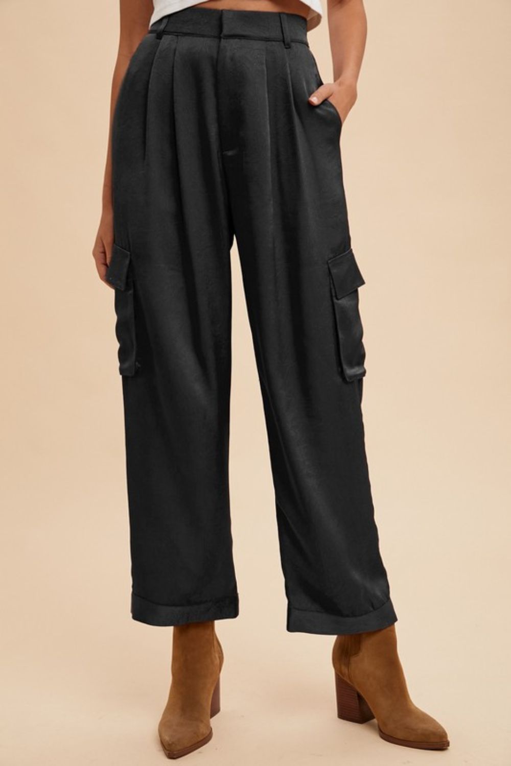Annie Wear Wide Leg Cargo Satin Pants - Whispering Desires Shoppe